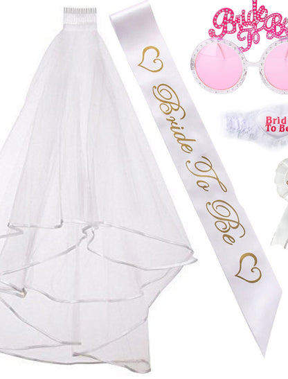 Wholesale Bachelorette Party Bride to Be Kit-1 White Double Ribbon Edge Center Cascade Bridal Wedding Veil with Comb 1 Bride to Be Satin Sash 1 Badge 1 leg lace.1 Pink Bride to be glasses