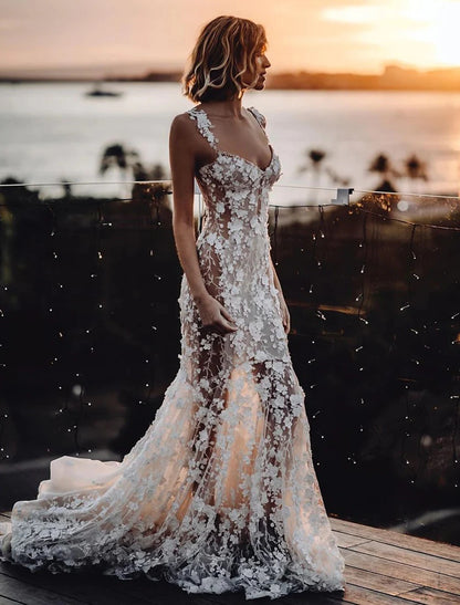 Wholesale Beach Sexy Boho Wedding Dresses Mermaid / Trumpet Sweetheart Regular Straps Court Train Lace Bridal Gowns With Appliques