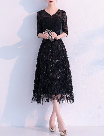 Wholesale A-Line Flapper Sparkle Party Wear Cocktail Party Dress V Neck Half Sleeve Tea Length Lace with Sequin Tassel