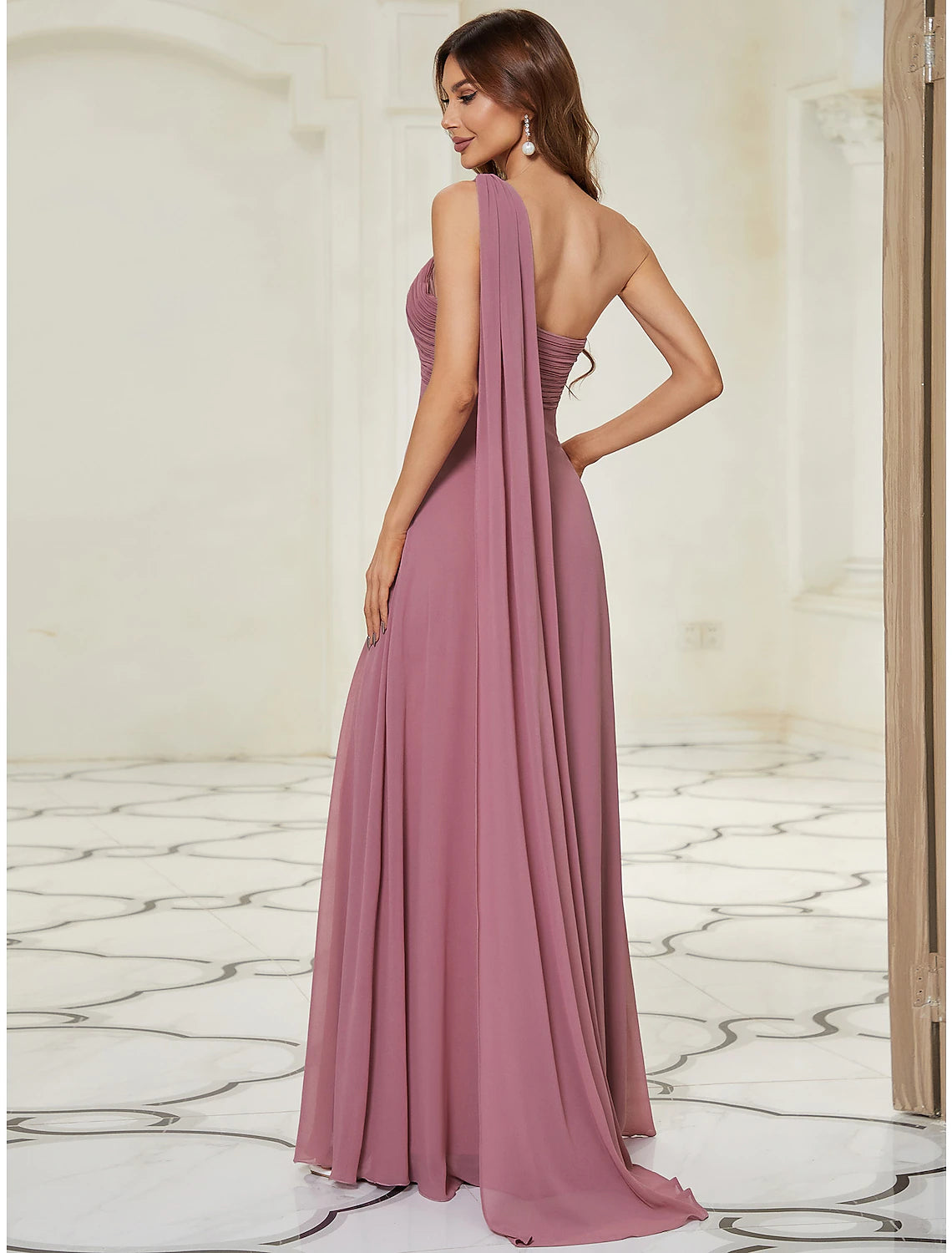 Wholesale A-Line Evening Gown Empire Dress Formal Evening Floor Length Sleeveless One Shoulder Bridesmaid Dress Chiffon Backless with Pleats Draping