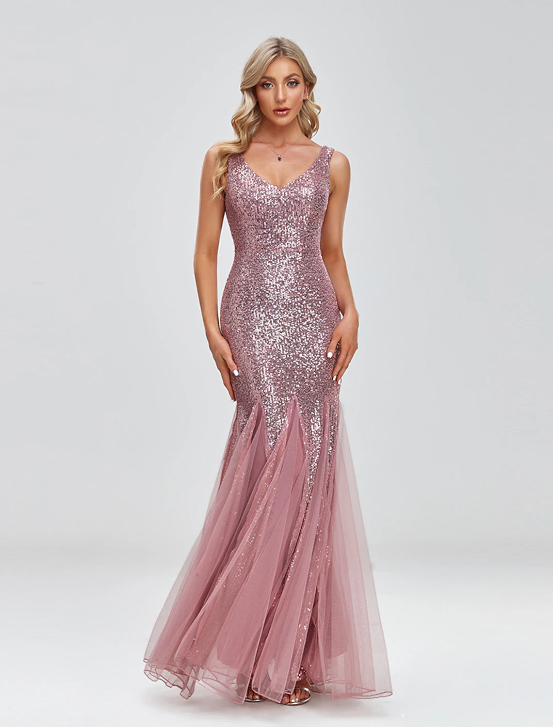 Wholesale Mermaid / Trumpet Evening Gown Sparkle Dress Wedding Guest Formal Evening Floor Length Sleeveless V Neck Tulle V Back with Sequin Splicing