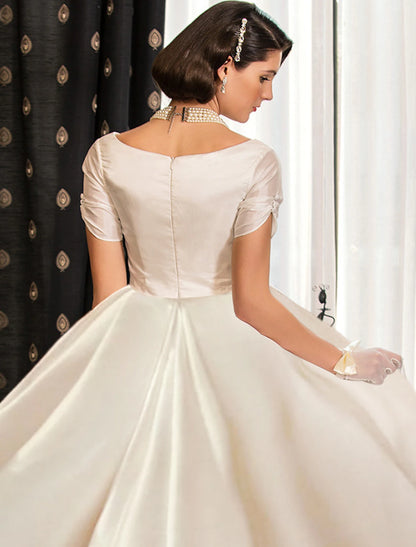 Wholesale Engagement Formal Fall Wedding Dresses Ball Gown V Neck Short Sleeve Court Train Satin Bridal Gowns With Ruched