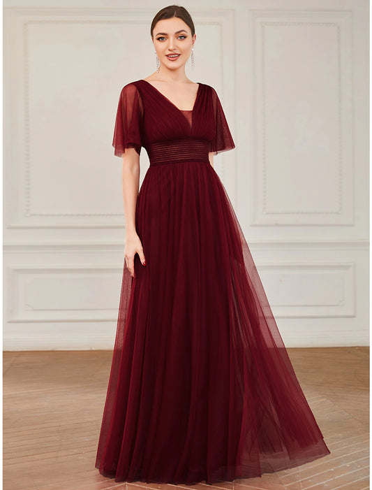 Wholesale  A-Line Bridesmaid Dress V Neck Short Sleeve Plus Size Floor Length Tulle with Ruffles / Draping/Butterfly Sleeve