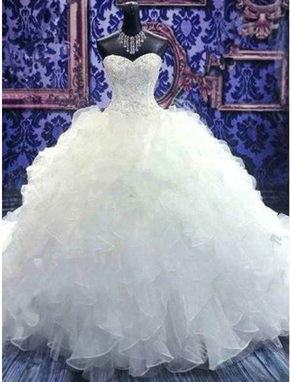 Wholesale  Beach Formal Wedding Dresses Ball Gown Sweetheart Strapless Chapel Train Organza Bridal Gowns With Beading Ruffles