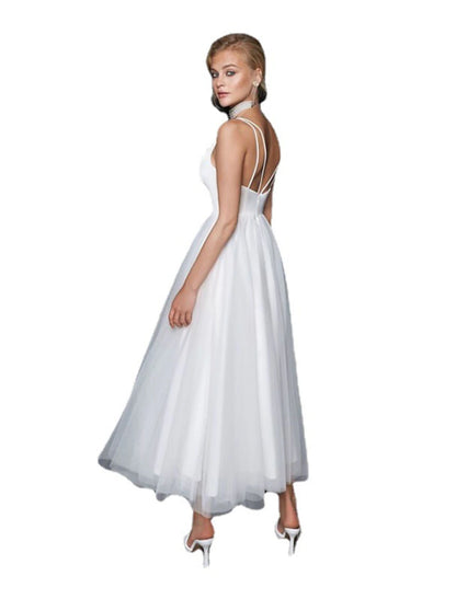 Wholesale  Reception Little White Dresses Casual Wedding Dresses A-Line Camisole V Neck Spaghetti Strap Ankle Length Tulle Bridal Gowns With Solid