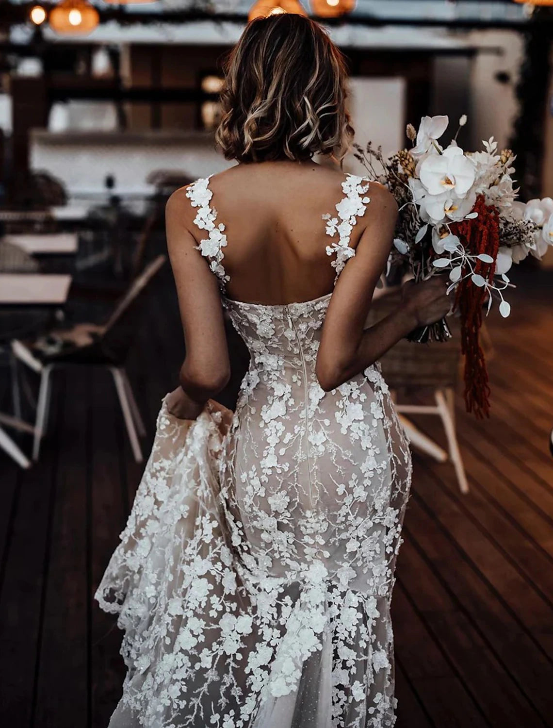 Wholesale Beach Sexy Boho Wedding Dresses Mermaid / Trumpet Sweetheart Regular Straps Court Train Lace Bridal Gowns With Appliques