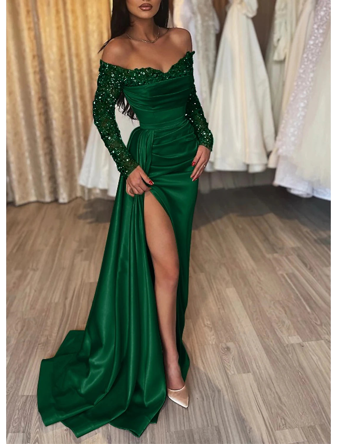 Wholesale Mermaid Black Dress Evening Gown Sparkle & Shine Dress Formal Wedding Party Court Train Long Sleeve Off Shoulder Fall Wedding Reception Satin with Ruched Sequin Slit