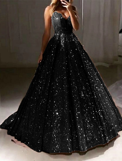 Wholesale Ball Gown Glitter Prom Dresses Luxurious Tulle Sparkly Dress For Wedding Party Quinceanera Sweep / Brush Train Sleeveless V Neck Tulle V Back with Sequin