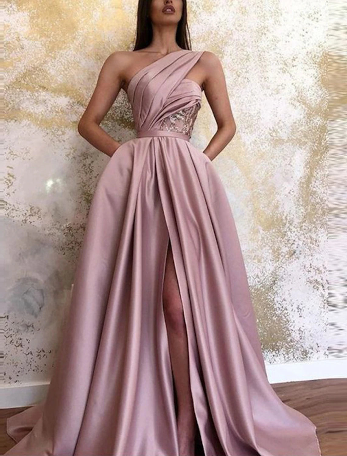 Wholesale A-Line Evening Gown Celebrity Style Dress Formal Wedding Guest Floor Length Sleeveless One Shoulder Satin with Ruched