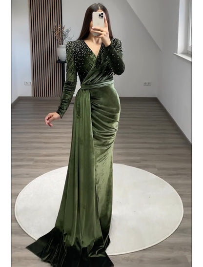 Wholesale Mermaid / Trumpet Evening Gown Maxi Dress Formal Black Tie Gala Floor Length Long Sleeve V Neck Fall Wedding Guest Velvet with Ruched