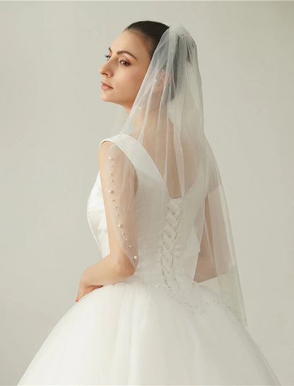 Wholesale One-tier Pearl Wedding Veil Elbow Veils with Faux Pearl 35.43 in (90cm) Tulle