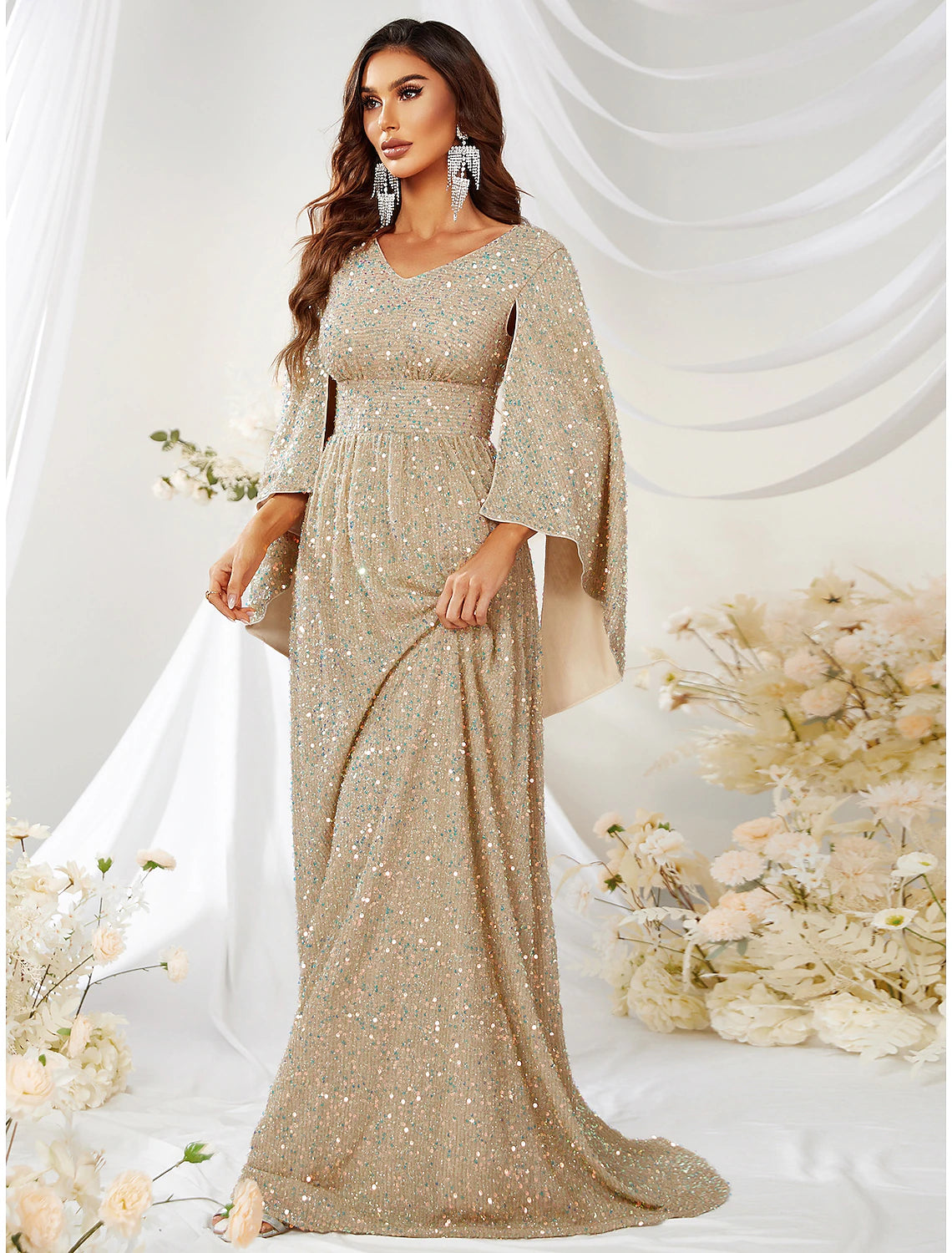 Wholesale A-Line Evening Gown Sparkle & Shine Dress Formal Wedding Sweep / Brush Train Long Sleeve V Neck Capes Polyester with Sequin