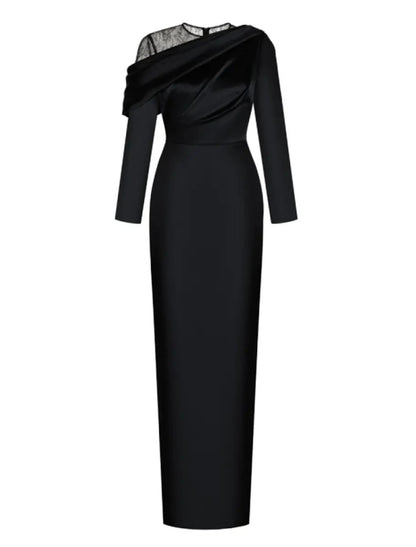 Wholesale Sheath / Column Evening Gown Elegant Dress Formal Sweep / Brush Train Black Dress Long Sleeve Jewel Neck Satin with Ruched