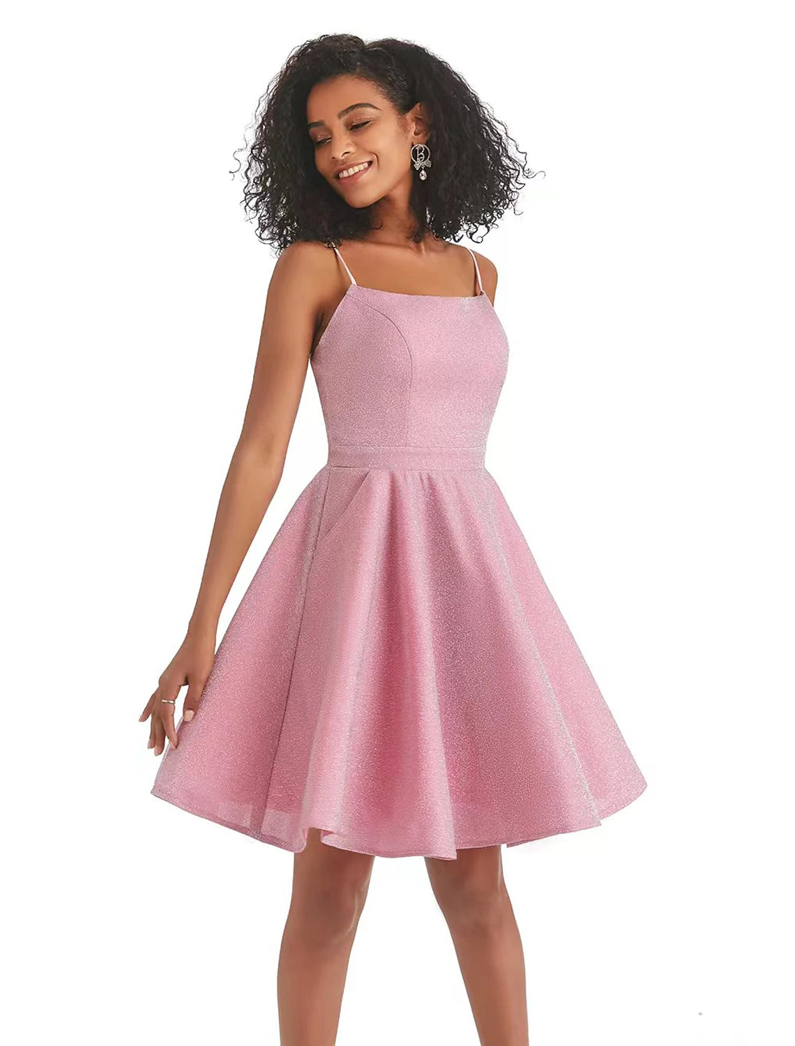 Wholesale A-Line Homecoming Dresses Backless Dress Graduation Cocktail Party Short / Mini Sleeveless Spaghetti Strap Pink Dress Lurex Fabric with Sequin Strappy