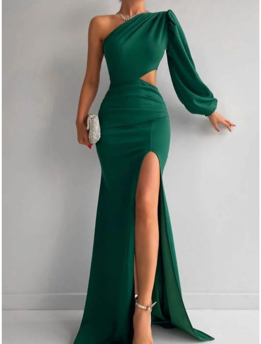 Wholesale A-Line Evening Gown Elegant Dress Formal Sweep / Brush Train Christmas Red Green Dress Long Sleeve One Shoulder Stretch Fabric with Pleats Ruched Slit