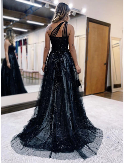 Wholesale A-Line Prom Dresses Color Block Dress Formal Wedding Party Sweep / Brush Train Sleeveless One Shoulder Tulle Backless with Pleats Appliques