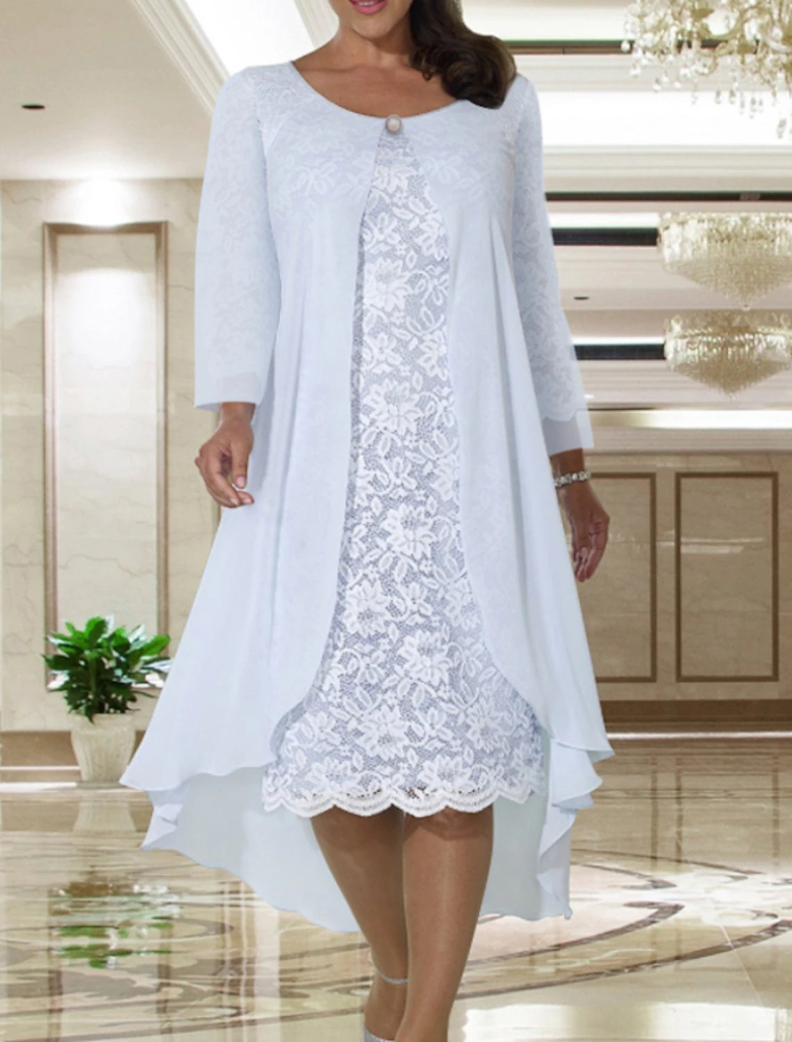 Wholesale Two Piece A-Line Mother of the Bride Dress Fall Wedding Guest Dresses Plus Size Elegant Jewel Neck Tea Length Chiffon Lace Short Sleeve Jacket Dresses with Solid Color