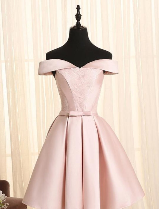 Wholesale A-Line Minimalist Elegant Engagement Cocktail Party Dress Off Shoulder Sleeveless Short / Mini Satin with Bow(s) Lace