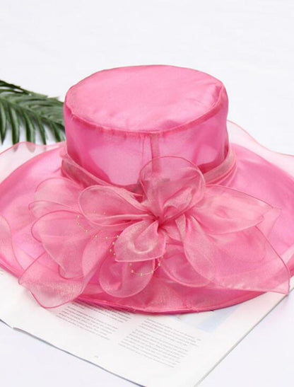 Wholesale Straw Hat Vintage Style Elegant Tulle Organza Hats Headwear with Faux Pearl Flower Ruffle 1 PC Wedding Tea Party Horse Race Headpiece