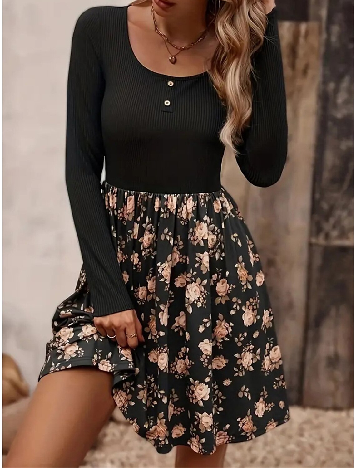 Wholesale Women's Party Dress Homecoming Dress Cocktail Dress Mini Dress Black Long Sleeve Floral Print Summer Spring Fall U Neck Party Wedding Guest Vacation