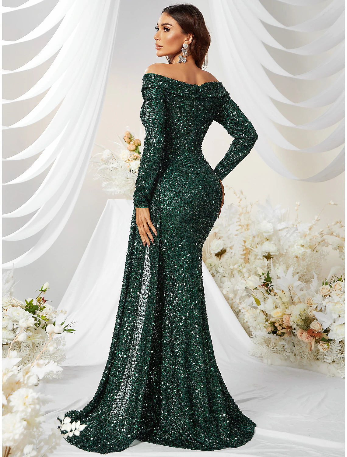 Wholesale Mermaid / Trumpet Evening Gown Sparkle & Shine Dress Formal Cocktail Party Sweep / Brush Train Long Sleeve Off Shoulder Polyester with Sequin