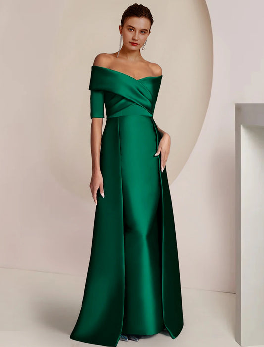 Wholesale Sheath / Column Mother of the Bride Dress Formal Wedding Guest Party Elegant Off Shoulder Floor Length Satin Half Sleeve with Ruching