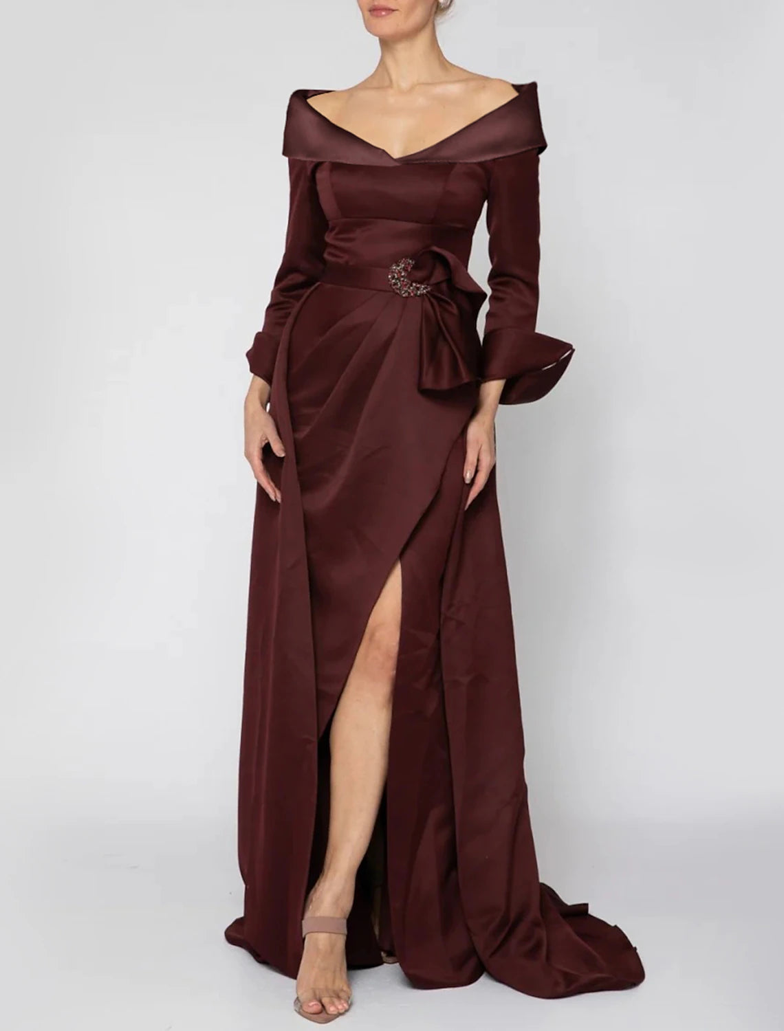 Wholesale A-Line Mother of the Bride Dress Formal Wedding Guest Party Elegant Off Shoulder Sweep / Brush Train Satin Long Sleeve with Split Front Crystal Brooch Ruching