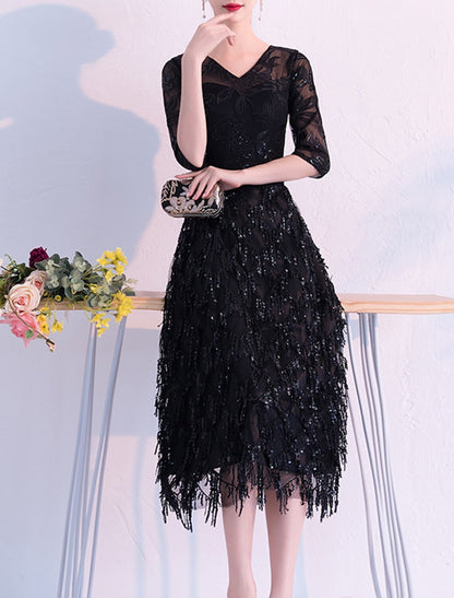 Wholesale A-Line Flapper Sparkle Party Wear Cocktail Party Dress V Neck Half Sleeve Tea Length Lace with Sequin Tassel