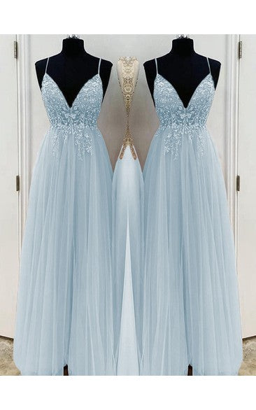 TingPo Wholesale Elegant A-Line/Elegant Beading Tulle Spaghetti Straps Sleeveless Floor-Length Prom Dresses