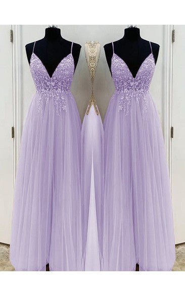 TingPo Wholesale Elegant A-Line/Elegant Beading Tulle Spaghetti Straps Sleeveless Floor-Length Prom Dresses