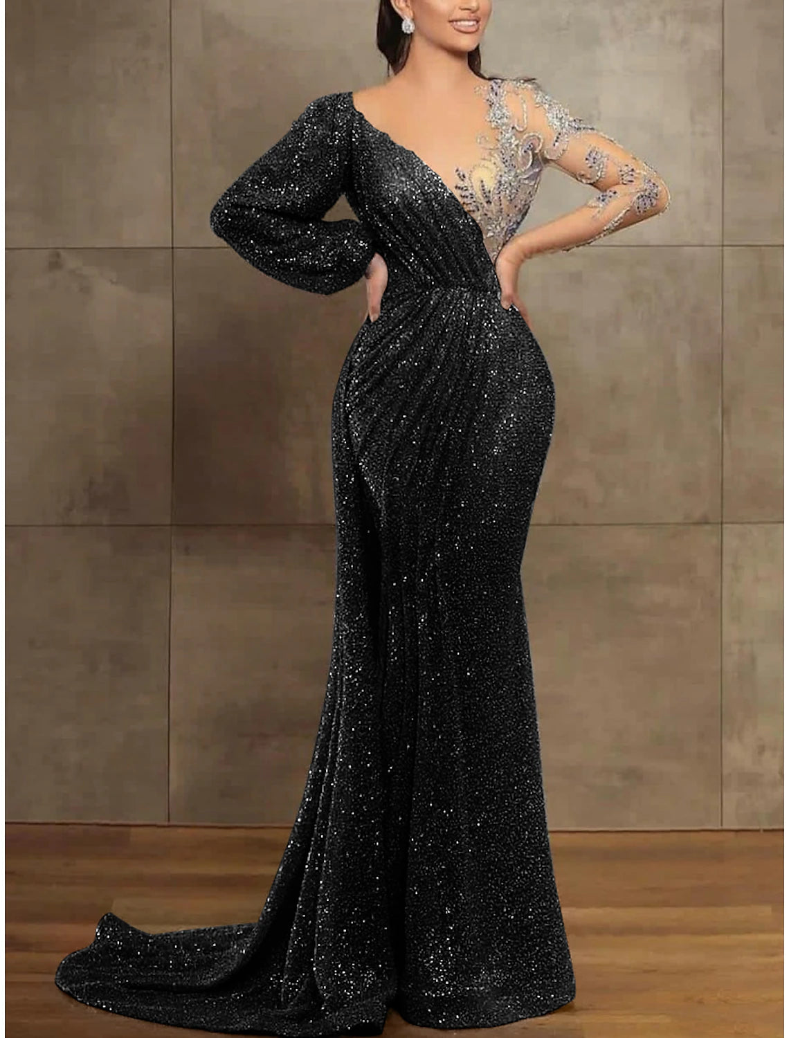 Wholesale Sequin Mermaid / Trumpet Evening Gown Champagne Gold Elegant Dress Formal Christmas Red Green Dress Court Train Long Sleeve Illusion Neck Sequined with Pleats