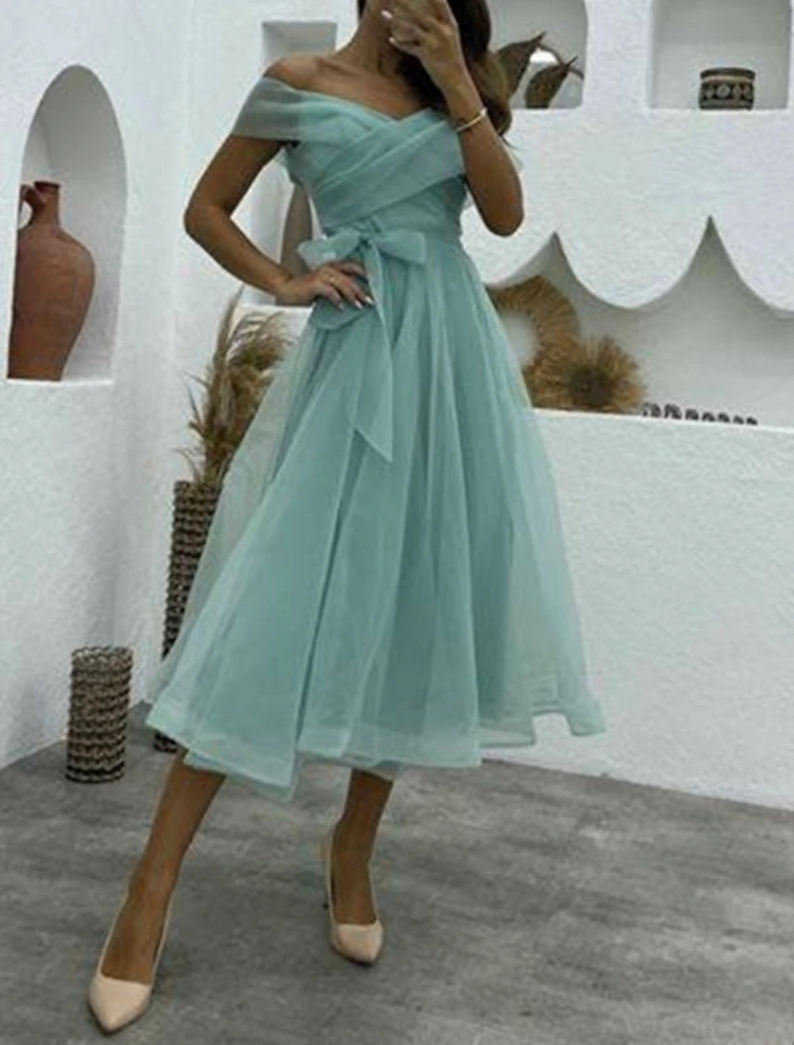 Wholesale A-Line Cocktail Dresses 1950s Dress Wedding Guest Birthday Tea Length Sleeveless Off Shoulder Belt / Sash Organza with Ruched