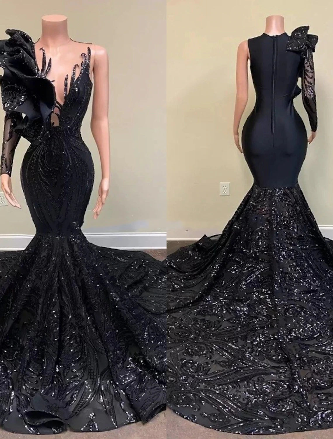 Wholesale Mermaid / Trumpet Evening Gown Floral Dress Carnival Formal Chapel Train Long Sleeve One Shoulder African American Sequined with Sequin