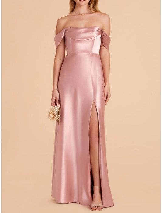 Wholesale A-Line Bridesmaid Dress Spaghetti Strap Sleeveless Pink Ankle Length Stretch Satin with Split Front / Ruching