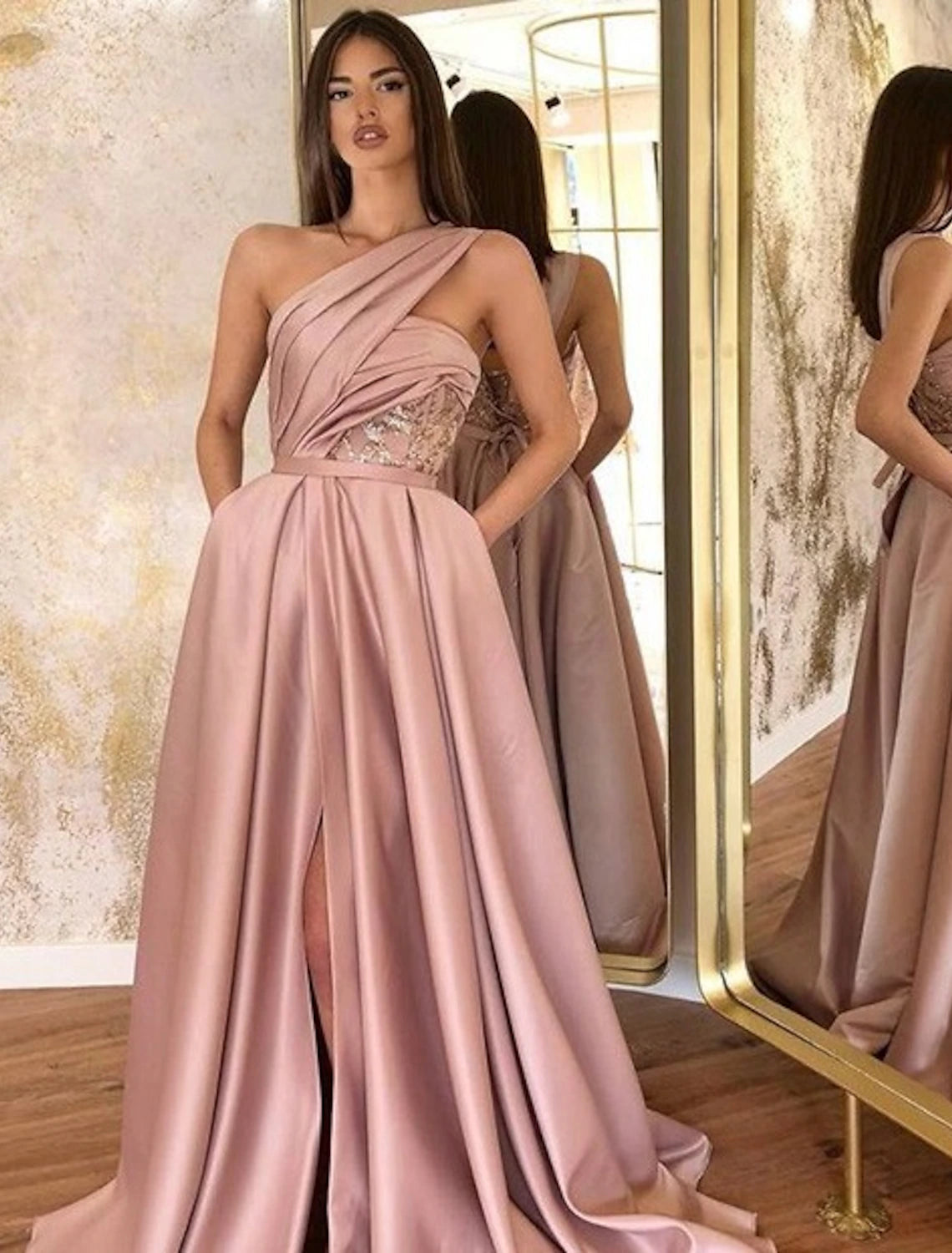 Wholesale A-Line Evening Gown Celebrity Style Dress Formal Wedding Guest Floor Length Sleeveless One Shoulder Satin with Ruched