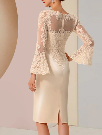 Wholesale Sheath / Column Mother of the Bride Dress Fall Wedding Guest Vintage Luxurious Plus Size Jewel Neck Knee Length Satin Lace Long Sleeve with Beading Appliques