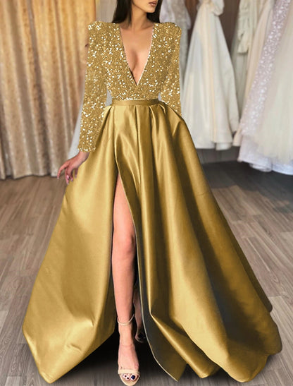 Wholesale A-Line Evening Gown Christmas Red Green Dress Formal Black Dress Plus Size Wedding Court Train Half Sleeve V Neck Satin with Sequin Slit