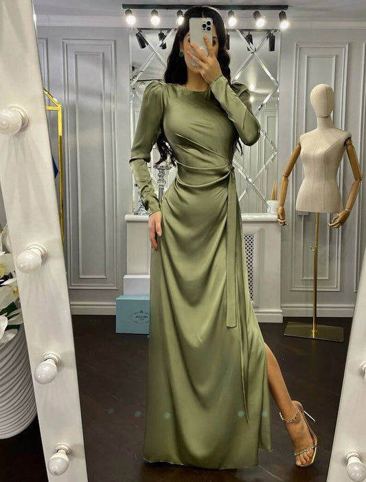 Wholesale Sheath / Column Evening Gown Elegant Dress Wedding Guest Fall Floor Length Long Sleeve High Neck Bridesmaid Dress Satin with Ruched