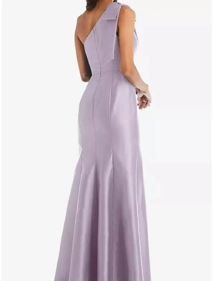 Wholesale Sheath / Column Bridesmaid Dress One Shoulder Sleeveless Elegant Floor Length Satin with Bow(s) / Ruching