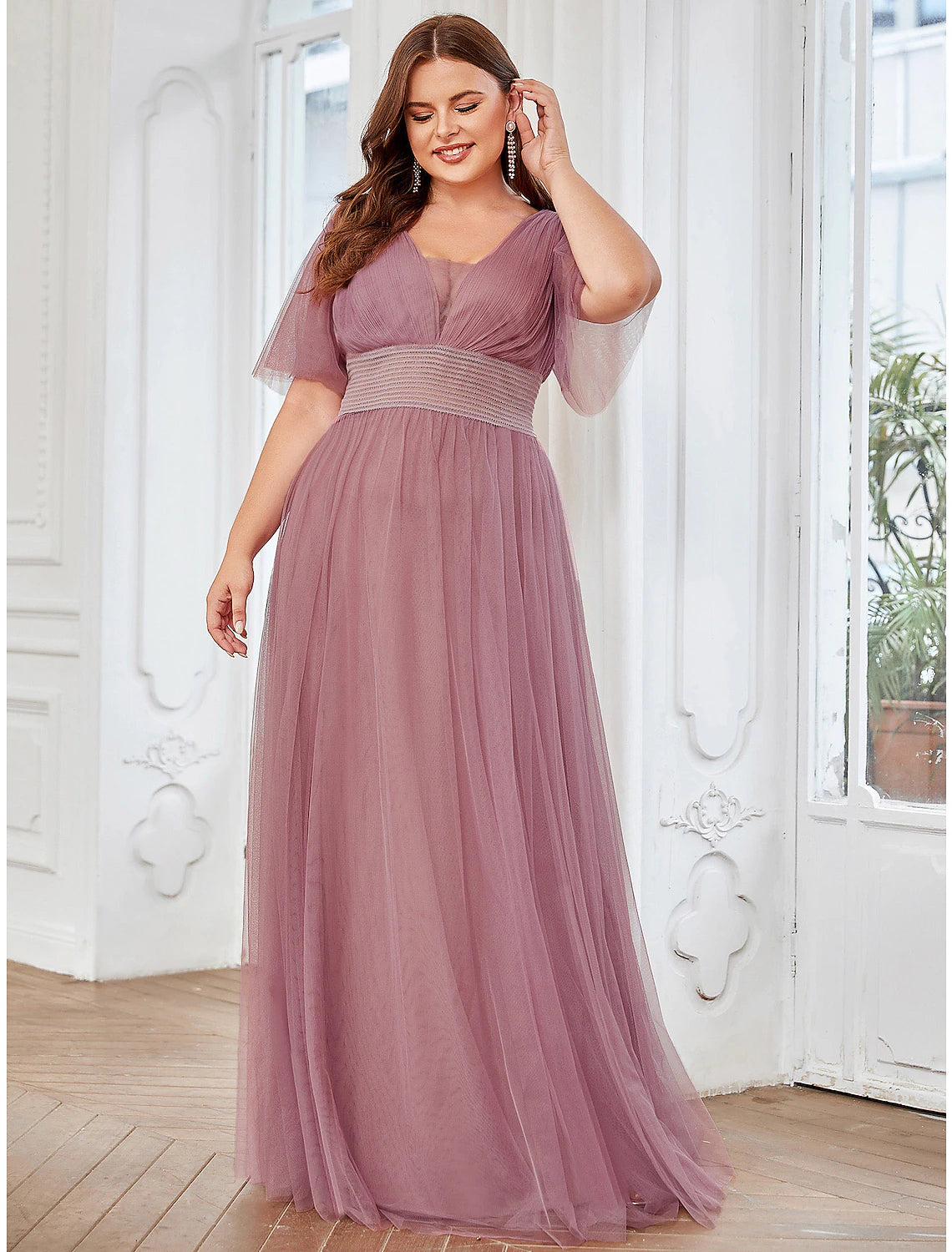 Wholesale  A-Line Bridesmaid Dress V Neck Short Sleeve Plus Size Floor Length Tulle with Ruffles / Draping/Butterfly Sleeve