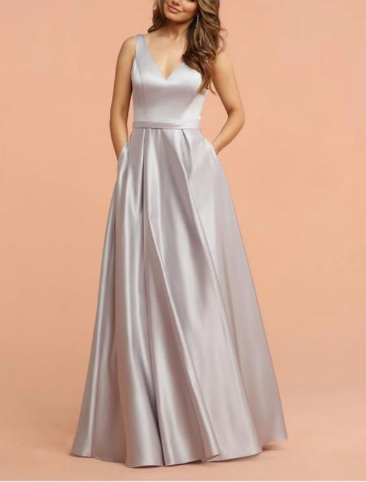 Wholesale A-Line Bridesmaid Dress Straps / V Neck Sleeveless Vintage Floor Length Shantung / Jersey with Pleats / Ruffles / Ruching