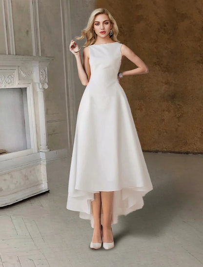 Wholesale Hall Little White Dresses Wedding Dresses A-Line Scoop Neck Sleeveless Tea Length Satin Bridal Gowns With Pleats