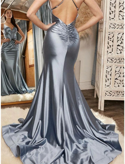 Wholesale Mermaid / Trumpet Bridesmaid Dress Off Shoulder Sleeveless Blue Court Train Satin with Ruching / Solid Color