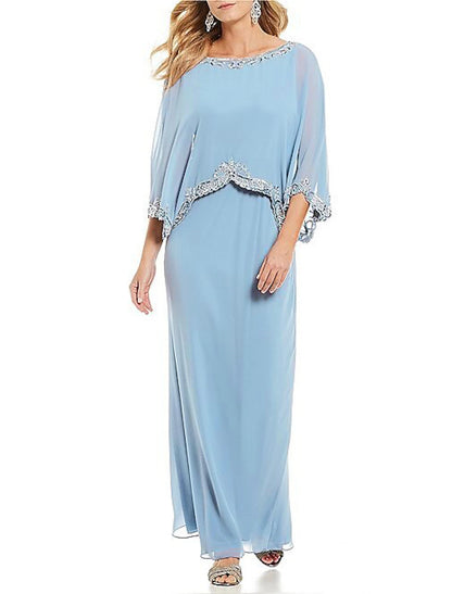 Wholesale Sheath / Column Mother of the Bride Dress Plus Size Elegant Bateau Neck Floor Length Chiffon 3/4 Length Sleeve with Appliques