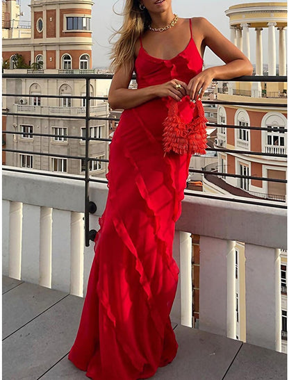 Wholesale Women's Prom Dress Party Dress New Year's Eve Dress Homecoming Dress Long Dress Maxi Dress Black Red Sleeveless Ruffle Summer Spring Spaghetti Strap Evening