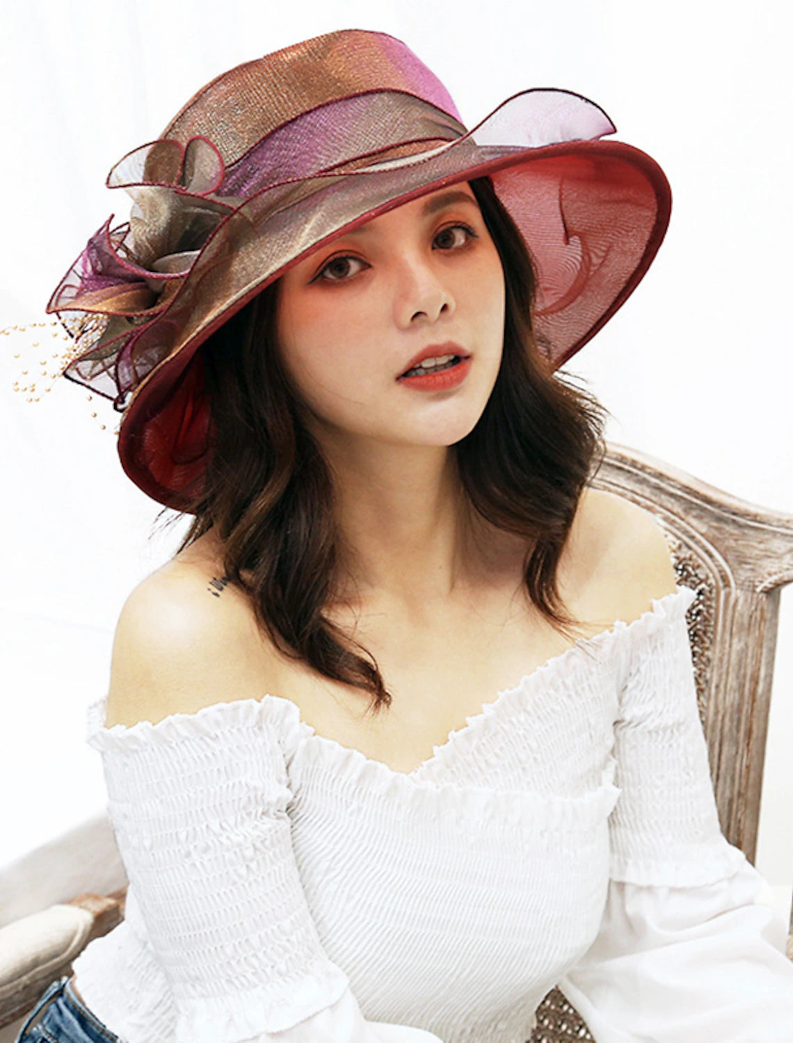 Wholesale Hats Organza Sun Hat Wedding Kentucky Derby Classic Style Elegant With Appliques Color Block Headpiece Headwear