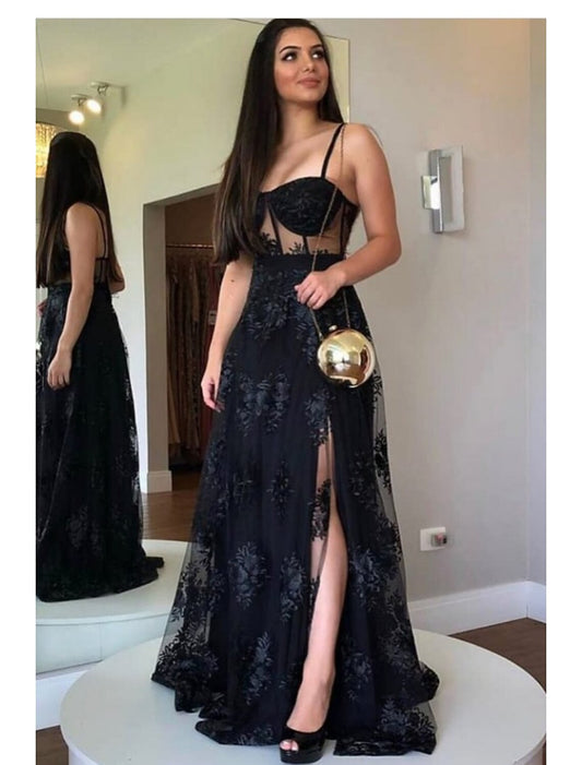 Wholesale  A-Line Prom Dresses Cut Out Dress Party Wear Wedding Party Floor Length Sleeveless Sweetheart Wednesday Addams Family Lace Backless with Slit Appliques