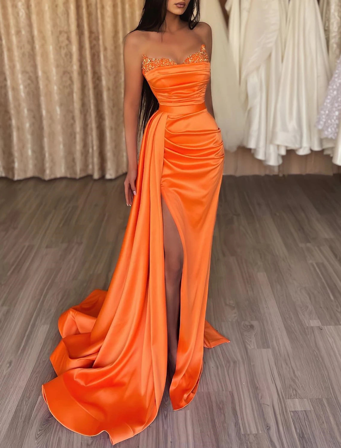 Wholesale Mermaid / Trumpet Evening Gown Sexy Dress Cocktail Party Court Train Sleeveless Strapless Bridesmaid Dress Satin with Beading Sequin