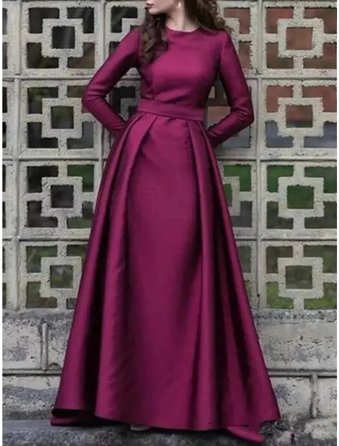 Wholesale A-Line Mother of the Bride Dress Wedding Guest Elegant Jewel Neck Sweep / Brush Train Satin Long Sleeve with Ruching Solid Color