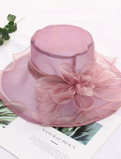 Wholesale Straw Hat Vintage Style Elegant Tulle Organza Hats Headwear with Faux Pearl Flower Ruffle 1 PC Wedding Tea Party Horse Race Headpiece